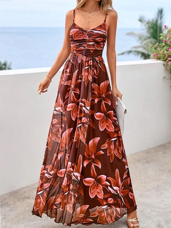 NWT Pretty Garden Brown Floral Maxi Dress with Spaghetti Straps Size M - Picture 3 of 6